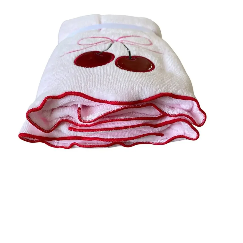 2 Pink Bow Red Leather Cherries Hand Towels Coquette Scallop Valentine's Day FUN